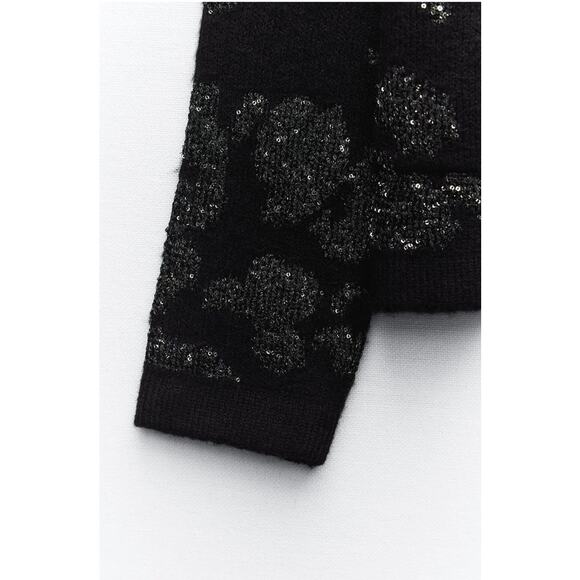 ZARA Sequin Metallic Thread Knit Cardigan Sweater, Black Silver Holiday Party S - Picture 6 of 10